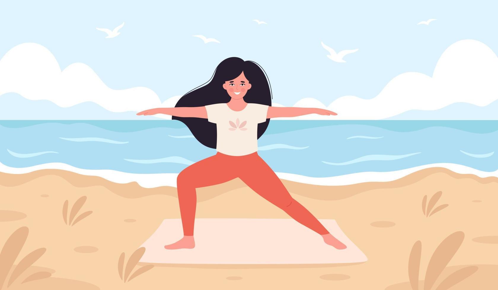 Frau beim Yoga am Strand. hallo sommer, sommerfreizeit, urlaub, gesunder lebensstil vektor