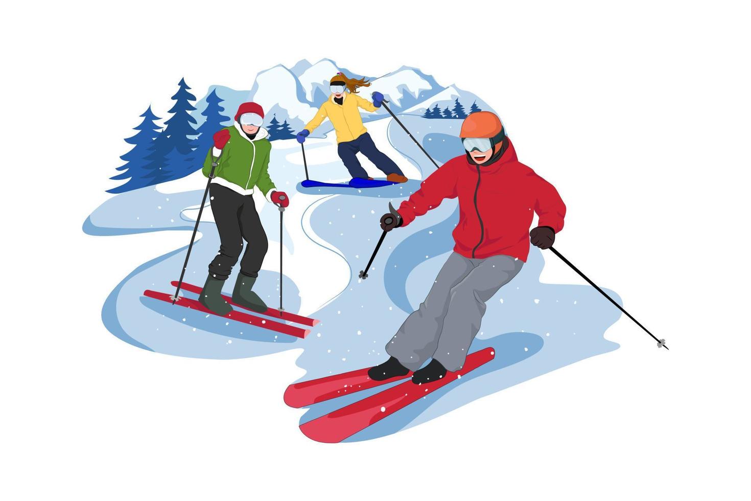 gruppe von freunden, die das skifahren genießen. gruppe von freunden, die das skifahren genießen. vektor