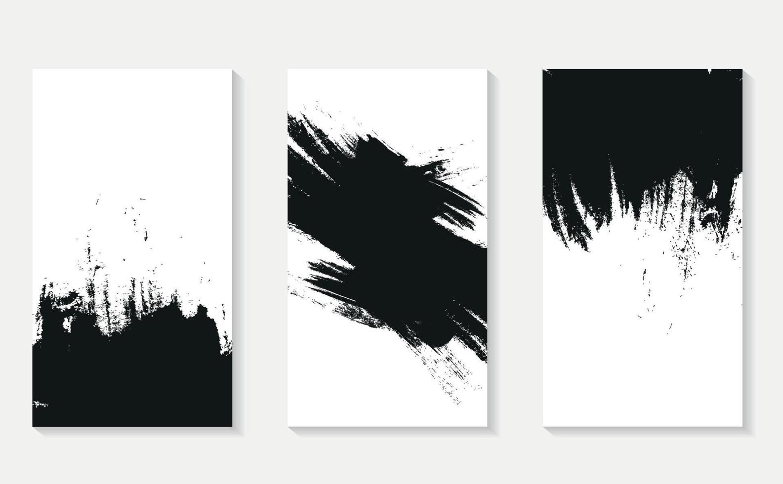 en uppsättning av tre svarta grunge-texturer, målningar, ett streck av akvarellfärg, placerade till höger, vänster och mitten. färdigt tryck. vektor