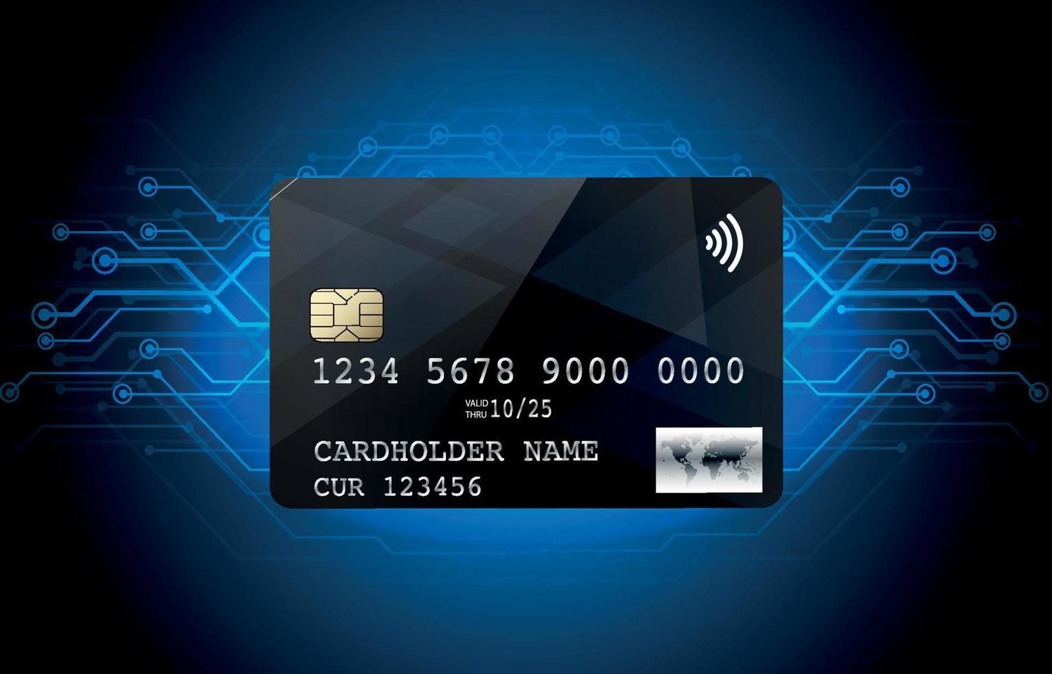 svart, glansigt, plastbankkreditkort med ett chip på en affärsbakgrund av datornätverkslinjer. trådlösa tekniker. vektor illustration