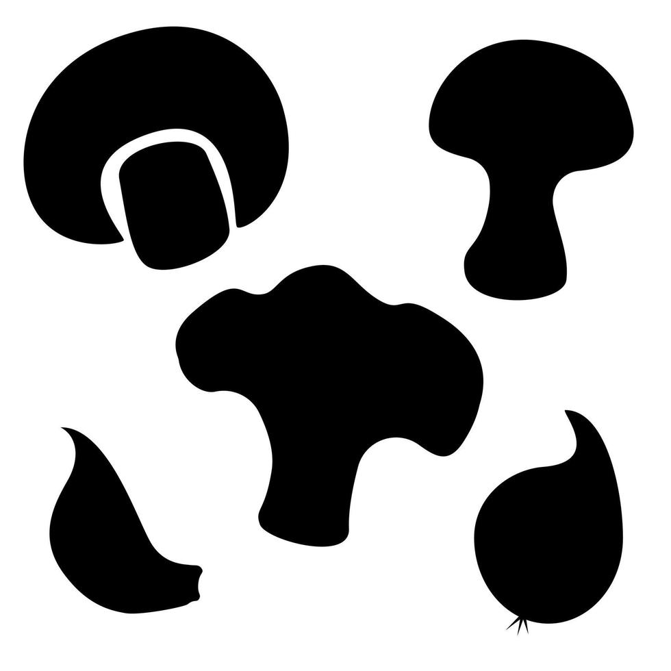 en uppsättning siluettbilder av svamp, vitlöksklyftor och lökhuvuden. abstrakt bakgrund. vektor