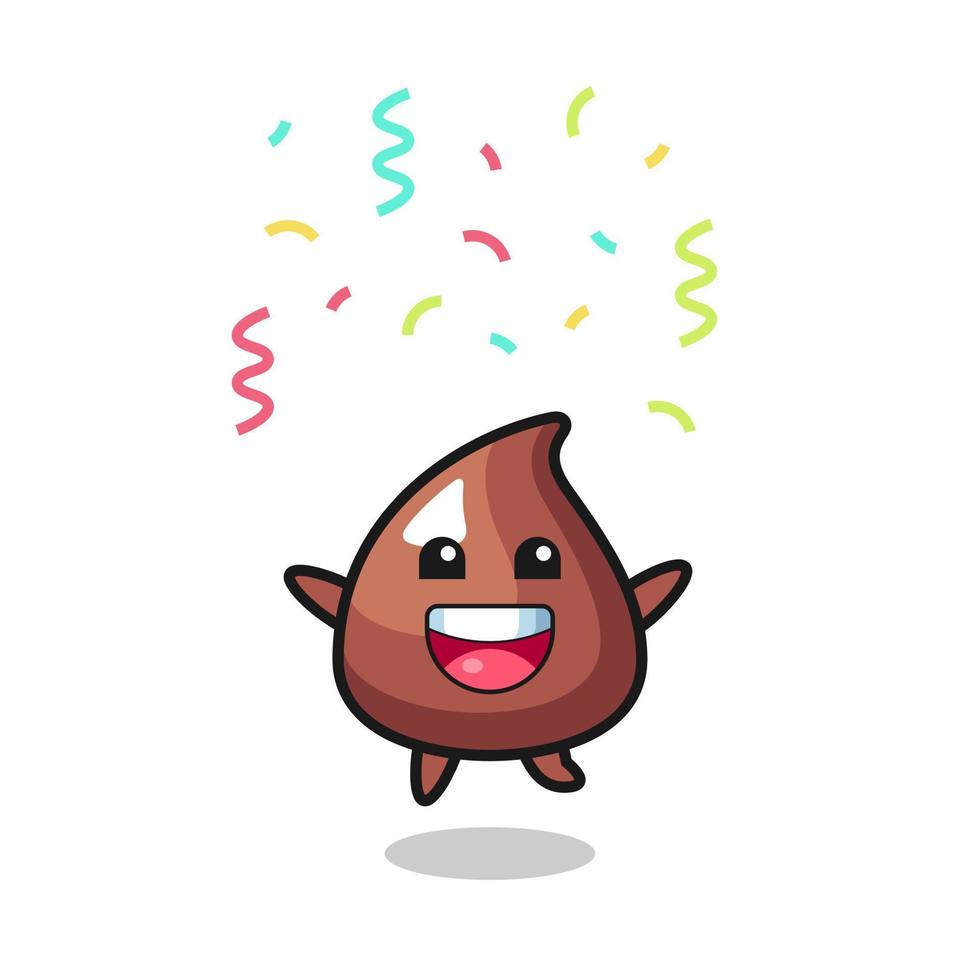 glad choco chip maskot hoppar för grattis med färg konfetti vektor