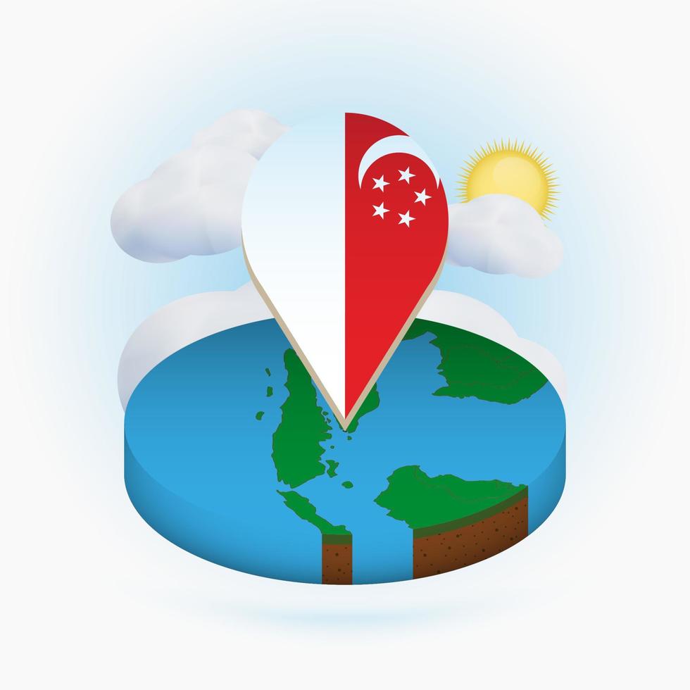 isometrisk rund karta över singapore och punktmarkör med singapores flagga. moln och sol på bakgrunden. vektor