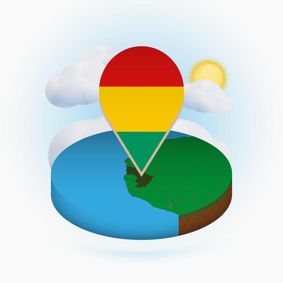 isometrische runde karte von guinea und punktmarkierung mit flagge von guinea. Wolke und Sonne im Hintergrund. vektor