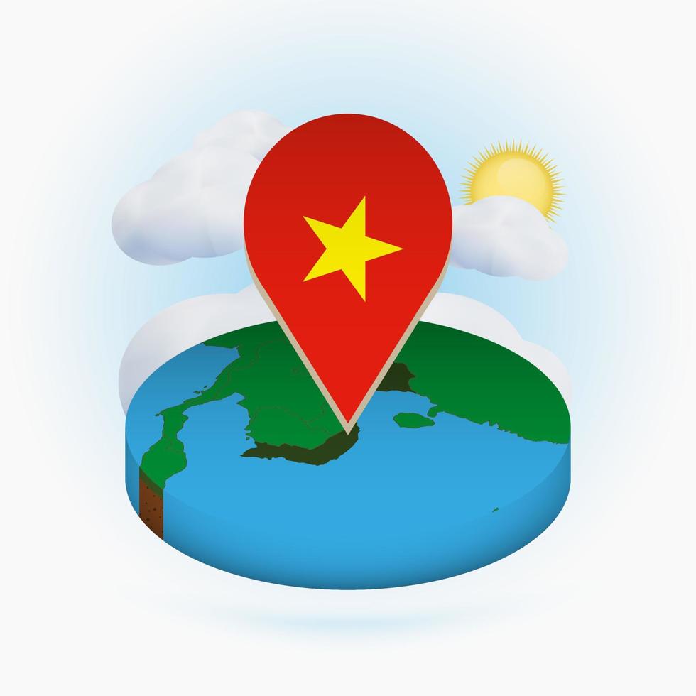 isometrisk rund karta över vietnam och punktmarkör med vietnams flagga. moln och sol på bakgrunden. vektor