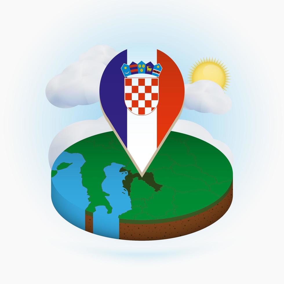 isometrisk rund karta över Kroatien och punktmarkör med Kroatiens flagga. moln och sol på bakgrunden. vektor