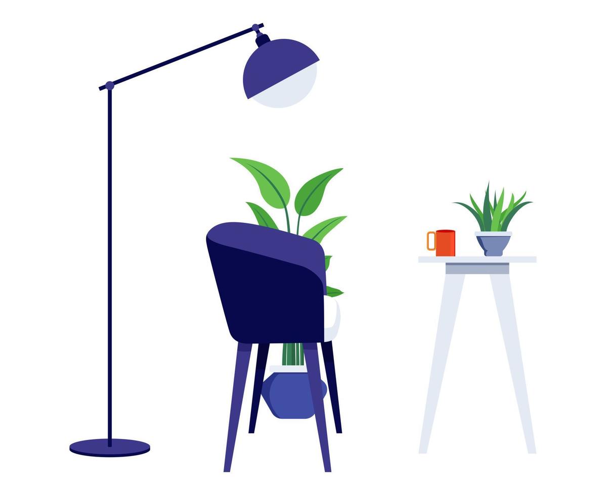 Freelancer-Arbeitsplatz mit modernem Sessel und Stehlampe isoliert auf weißem Hintergrund vektor