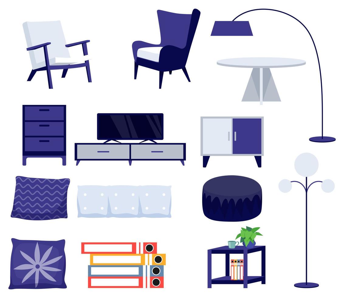 Wohnzimmermöbel Set mit verschiedenen Möbeln TV-Stuhl Sessel Kissen Schrank Zimmerpflanzen isoliert auf weiß vektor