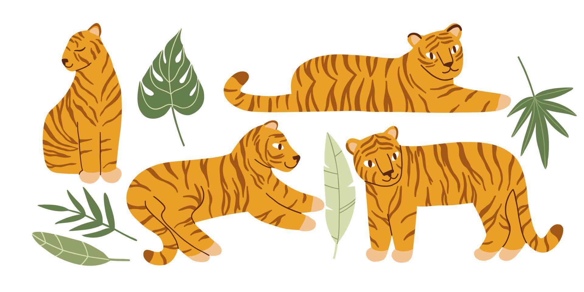 Set mit flachen bunten Tigern und Blättern. vektor handgezeichnete illustration.