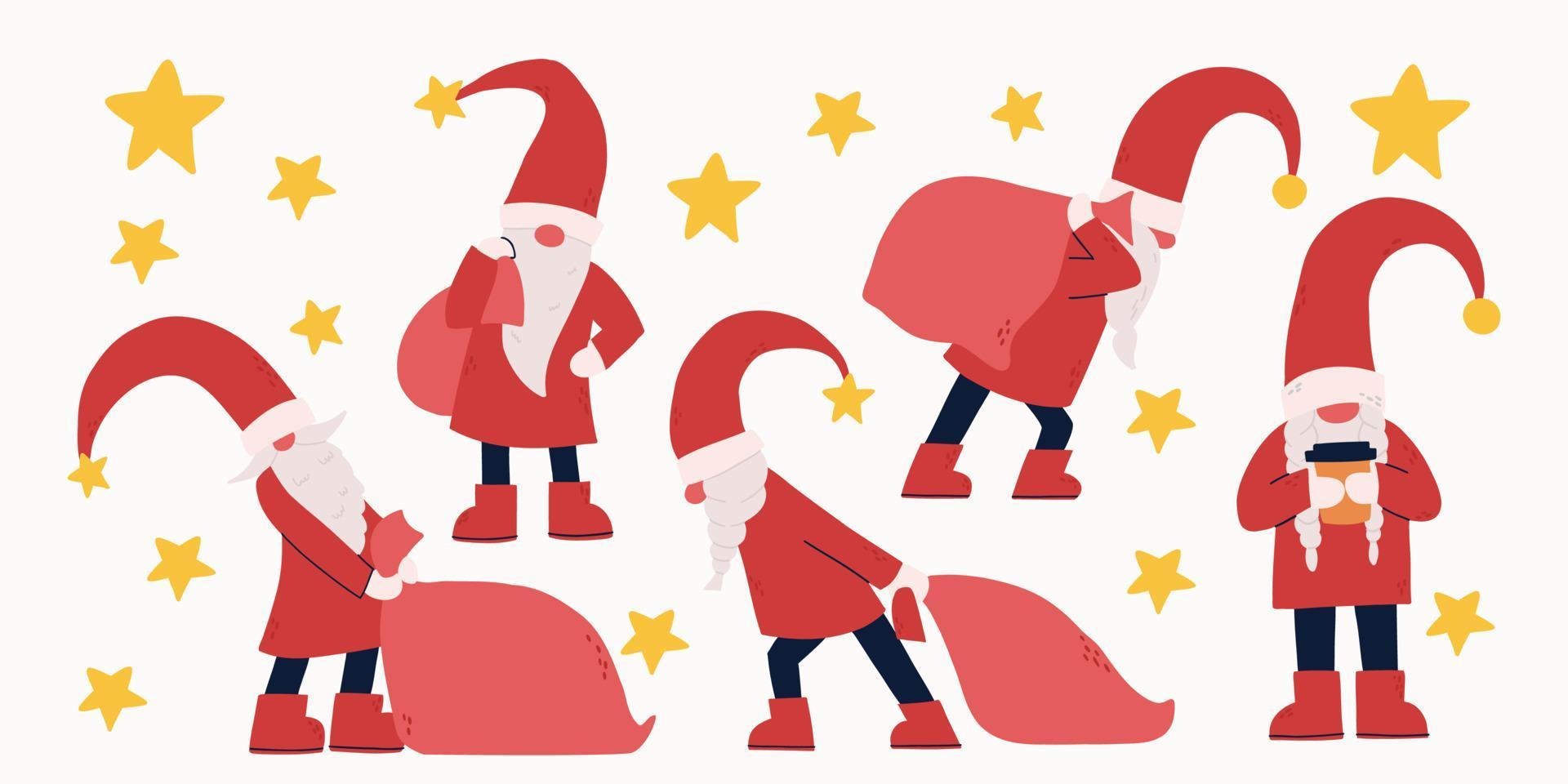 Set mit flachen bunten Gnomen und Sternen. Weihnachten. Zwerge mit Geschenktüten. vektor handgezeichnete illustration.