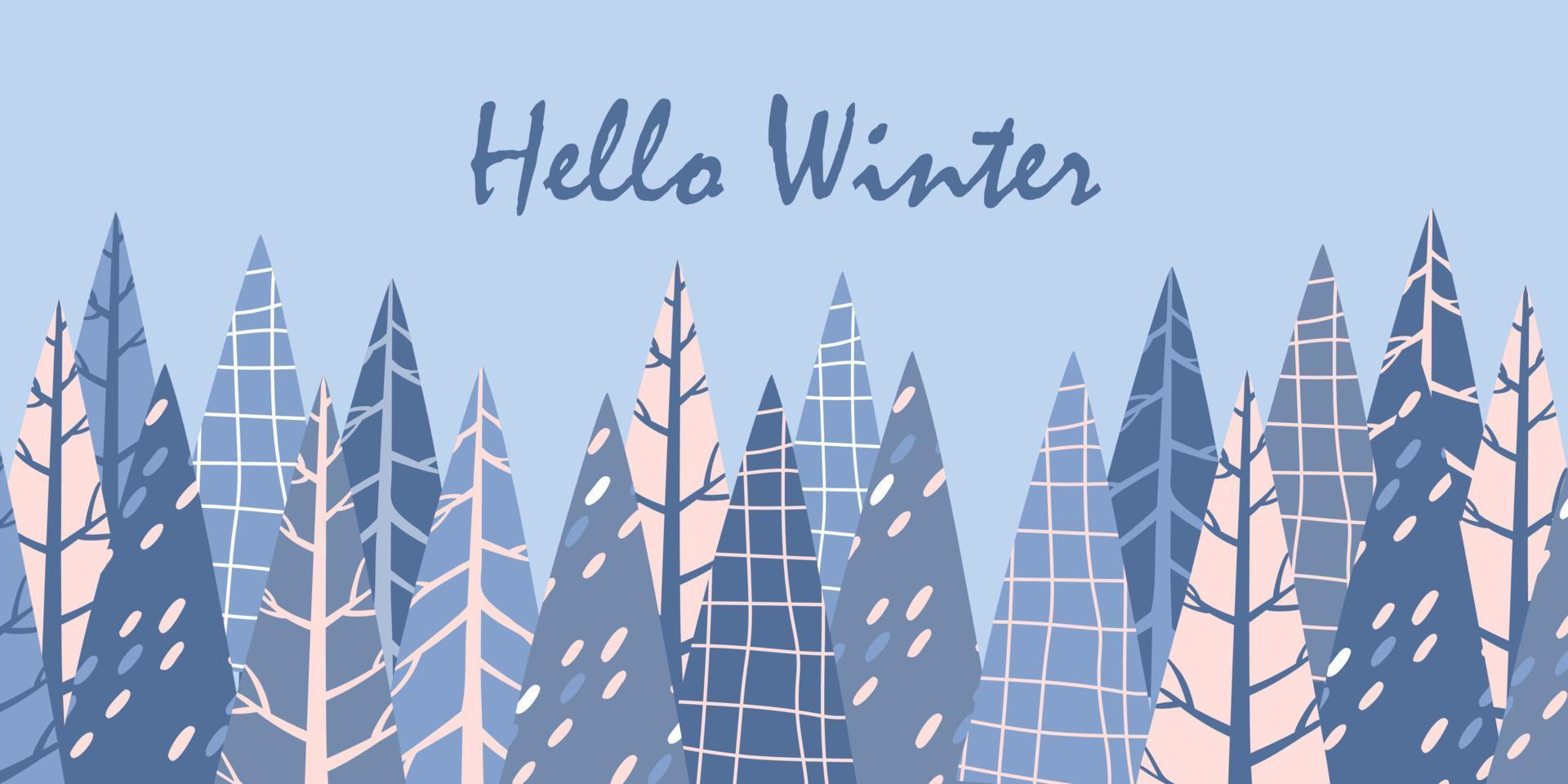 banner design med platta julgranar med olika texturer. bokstäver hej vinter. vektor illustration isolerad på vit bakgrund.