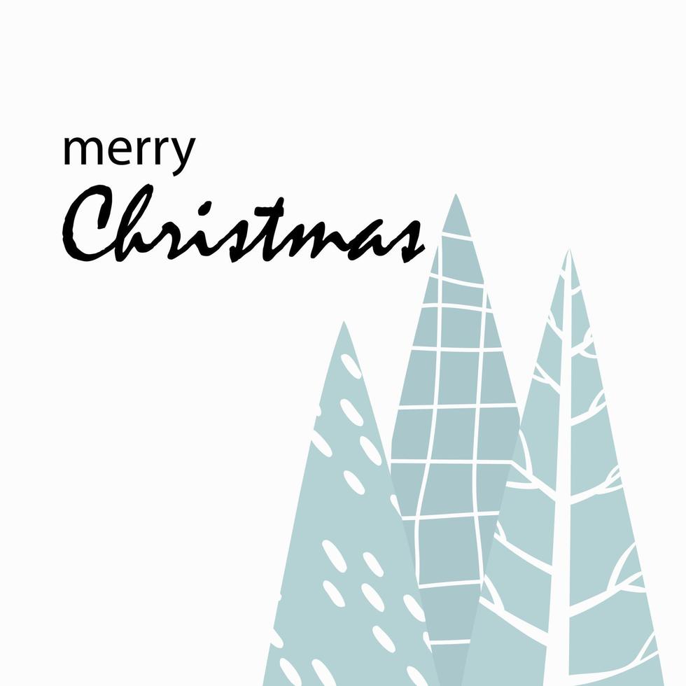 Weihnachtskarte mit verschiedenen Bäumen und der Inschrift. Cartoon-Stil. Tapeten, Grafiken. kritzeln Sie nettes einfaches Design. Urlaub. Vektor-Illustration. vektor