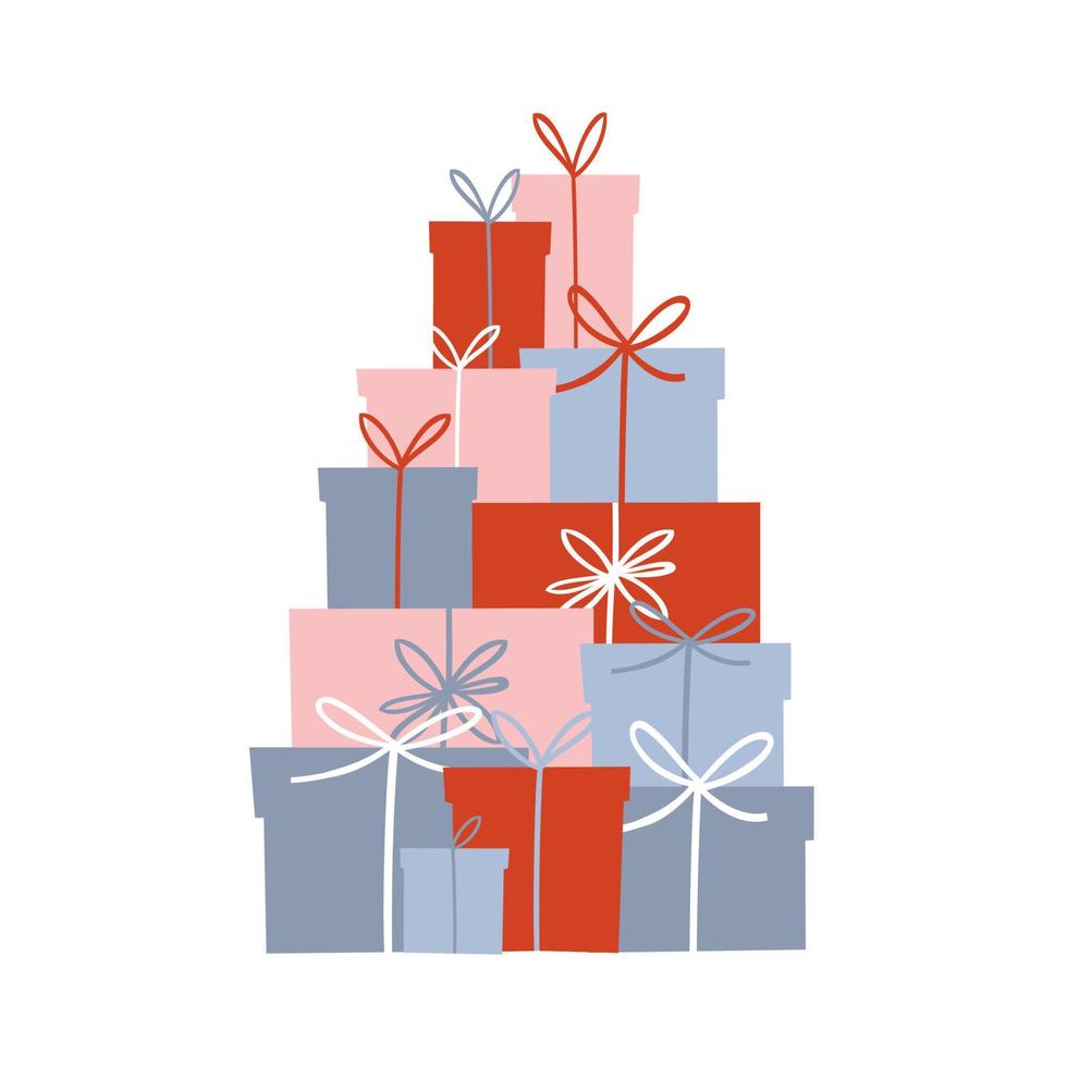 Geschenke stapeln sich übereinander. Geschenke in verschiedenen Formen und Farben. Vektor-Illustration. vektor