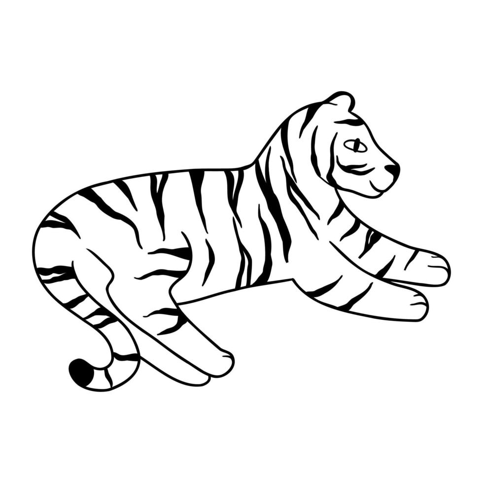 doodle tiger lögner, handritade. söt kinesisk tiger ritad med svarta linjer. vektor illustration isolerad på vit bakgrund