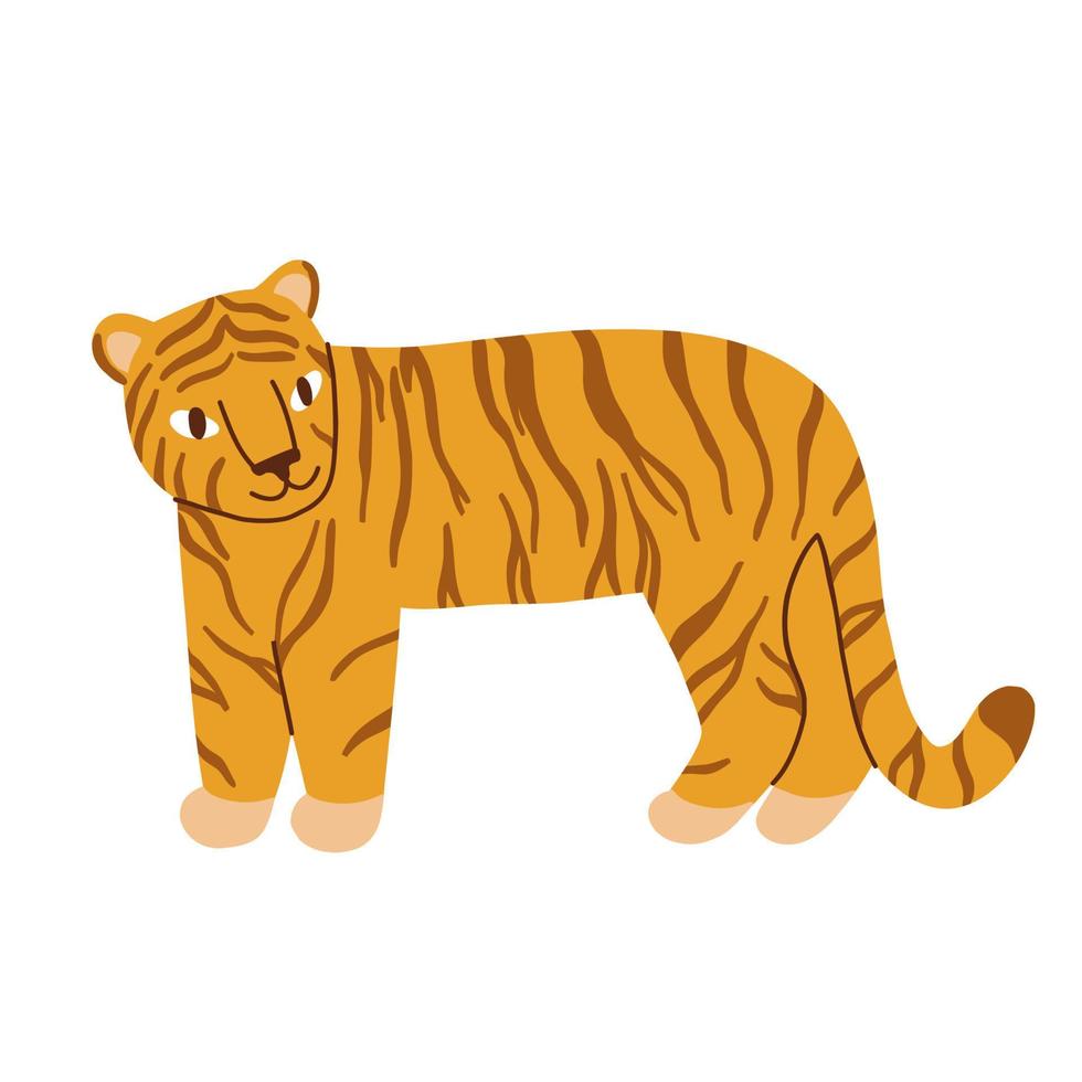 Flacher Tiger steht auf seinen Hinterbeinen, von Hand gezeichnet. süßer bunter chinesischer Tiger. Vektor-Illustration isoliert auf weißem Hintergrund vektor