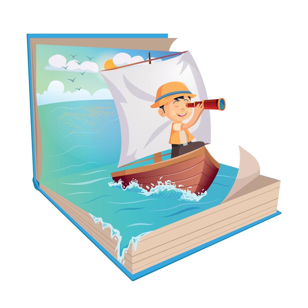 liten sjömanspojke håller teleskop på segelbåt i en öppen bok vektor