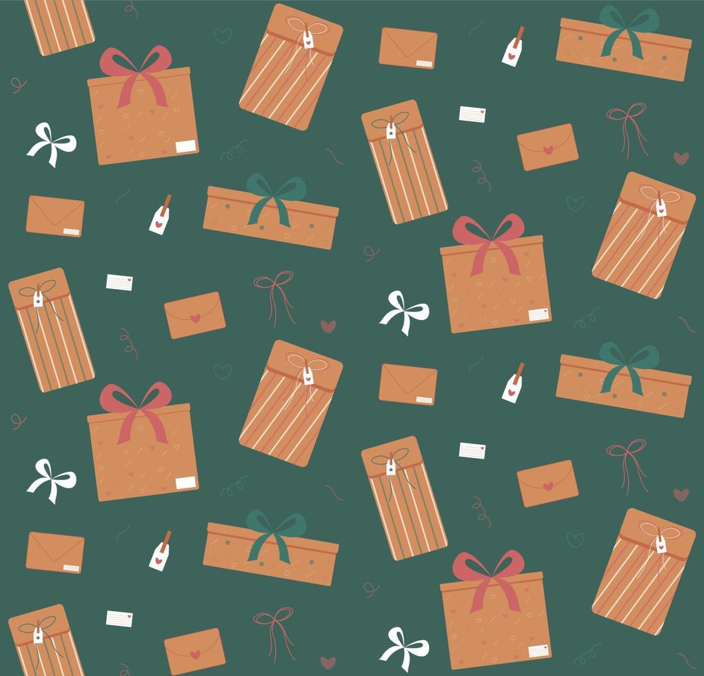 Geschenkboxen Muster. süße moderne braune geschenkbox, paket, umschlag mit druck und bändern auf grünem hintergrund. vektorillustration im flachen stil. vektor