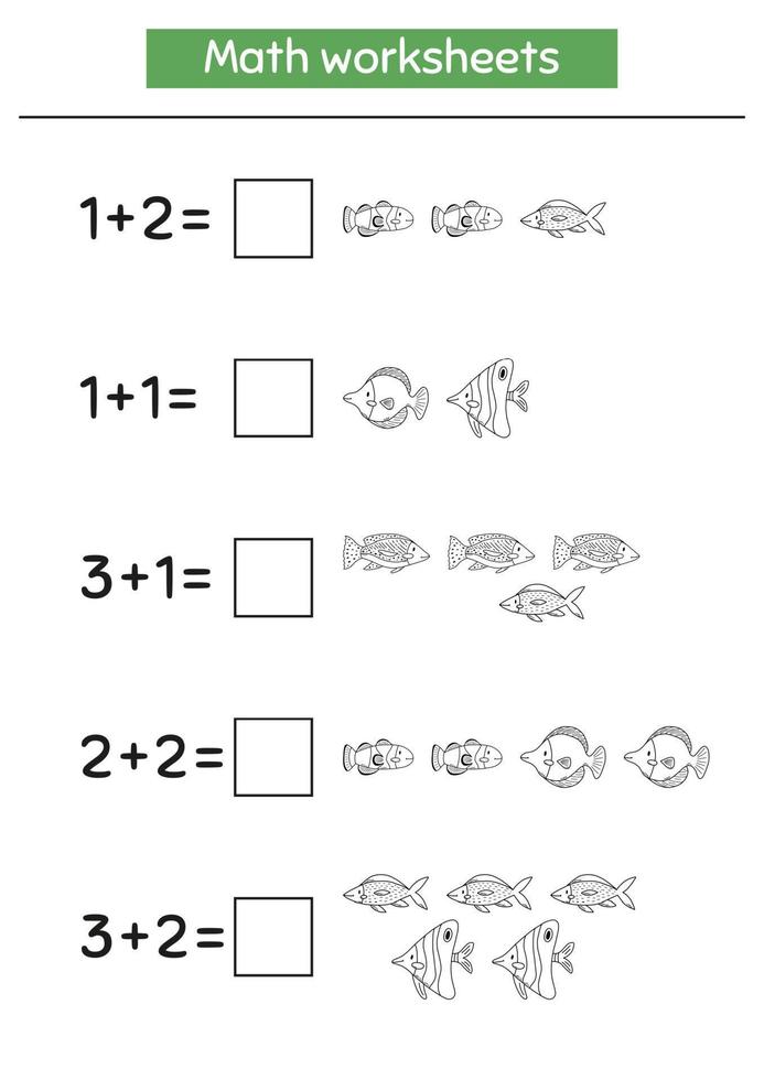 Mathe-Spiel für Kinder im Vorschul- und Schulalter. zähle und setze die richtigen Zahlen ein. Zusatz. gekritzel fisch. Malseite. vektor