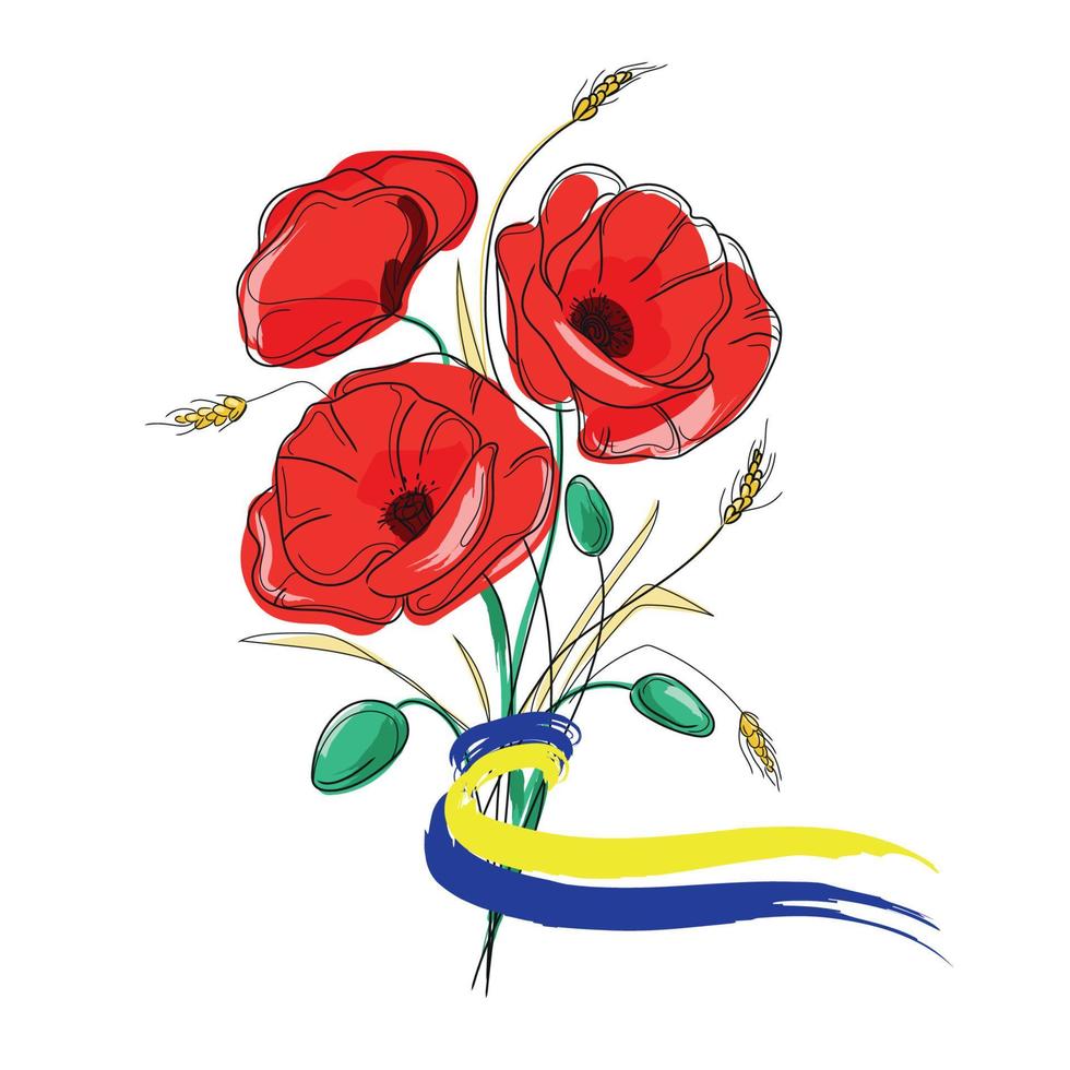 vallmo blommor bukett med öron av vete och blå-gult band flagga Ukraina färger vektor illustration isolerad på vit bakgrund. fred i Ukraina koncept. vektor illustration isolerade på vitt