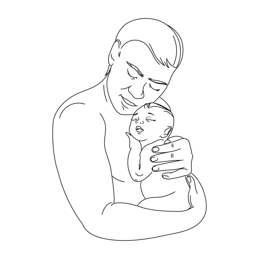 Vektorlinie Kunstillustration eines Vaters, der ein neugeborenes Baby in seinen Armen hält. vater und kind minimalistische kunstskizze zeichnung. vaterschaftskonzept. glückliche familie vektor
