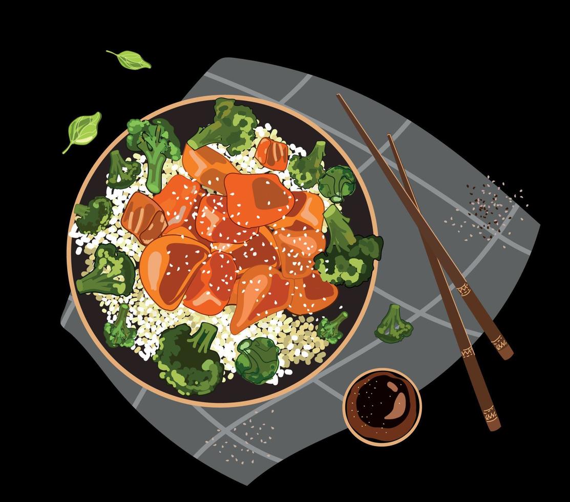 Teriyaki-Huhn und Brokkoli braten mit Reisvektorillustration. draufsicht.zeichnung im realistischen karikaturstil. traditionelles asiatisches essen vektor