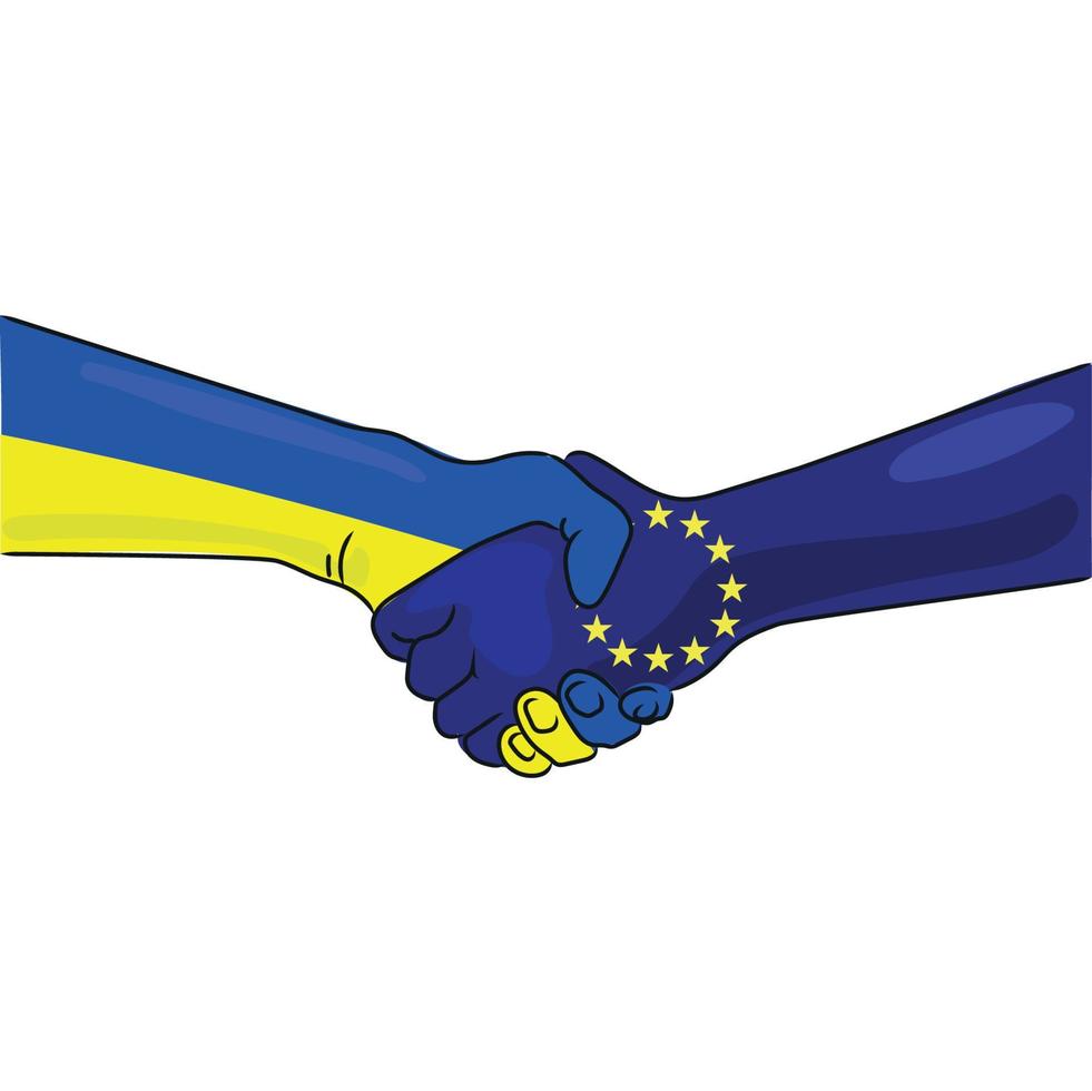 Flaggen der Europäischen Union, Länder der Ukraine, Händedruck, Zusammenarbeit, Partnerschaft, Freundschaftsvektorillustration einzeln auf weißem Hintergrund vektor