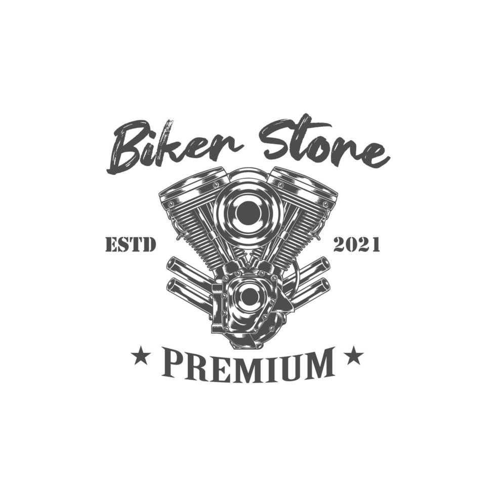 Vektor-Oldtimer-Motorrad-Reparatur-Logo mit Motor. Retro handgezeichnetes Garagenetikett. Custom Chopper Store-Emblem. Biker-Club-Schild. vektor