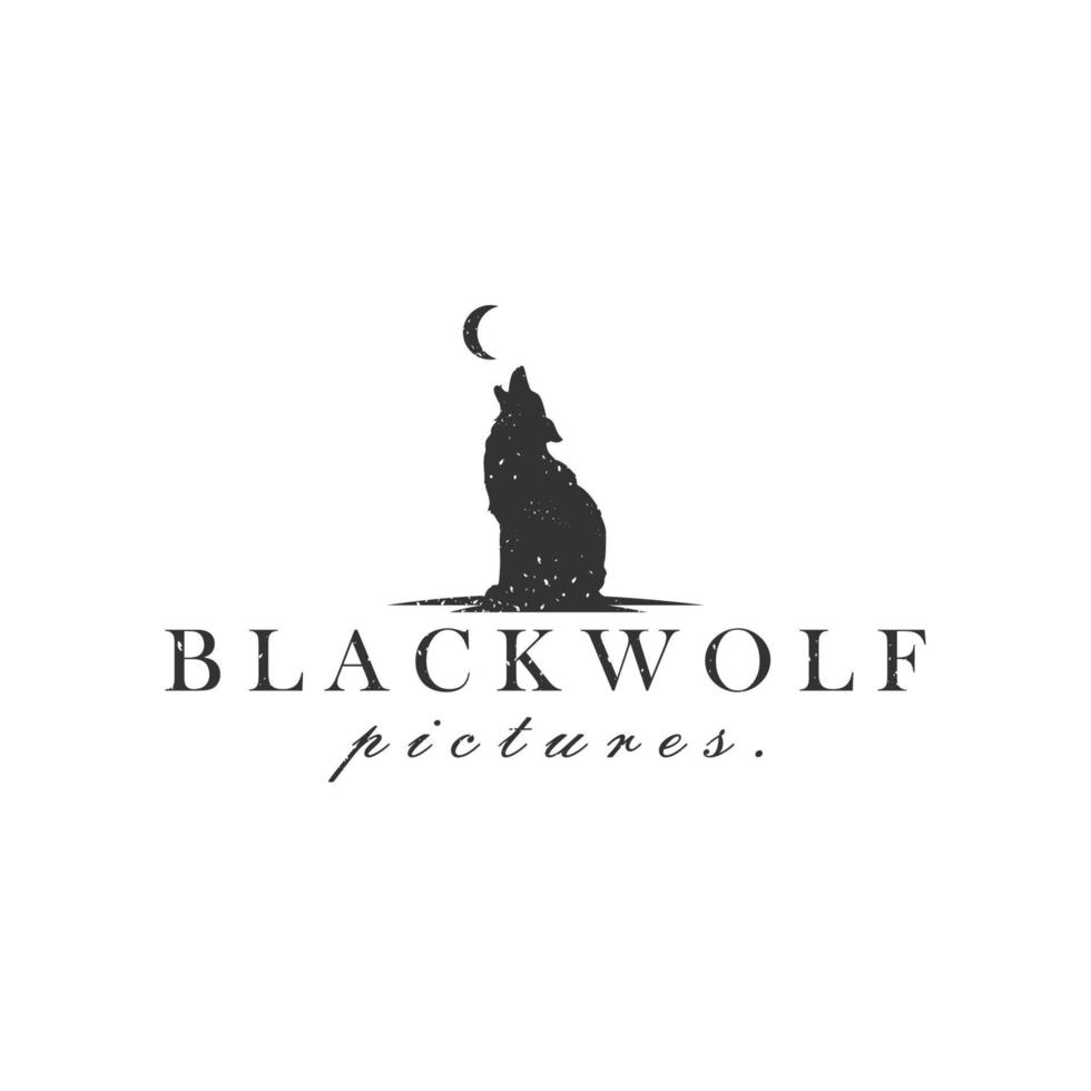 Schwarzer Wolf, Fuchs, Hund, Kojote, Schakal auf dem rustikalen Vintage-Silhouette-Retro-Hipster-Logo-Design des Felsens vektor