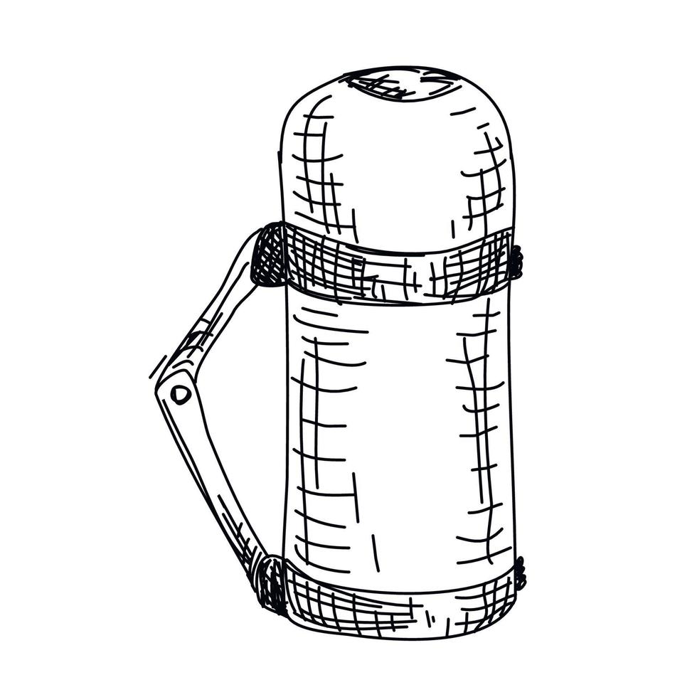 Handgezeichnete Skizze einer Thermoskanne. Thermoskanne auf weißem Hintergrund. Thermosset für ein Picknick. vektor