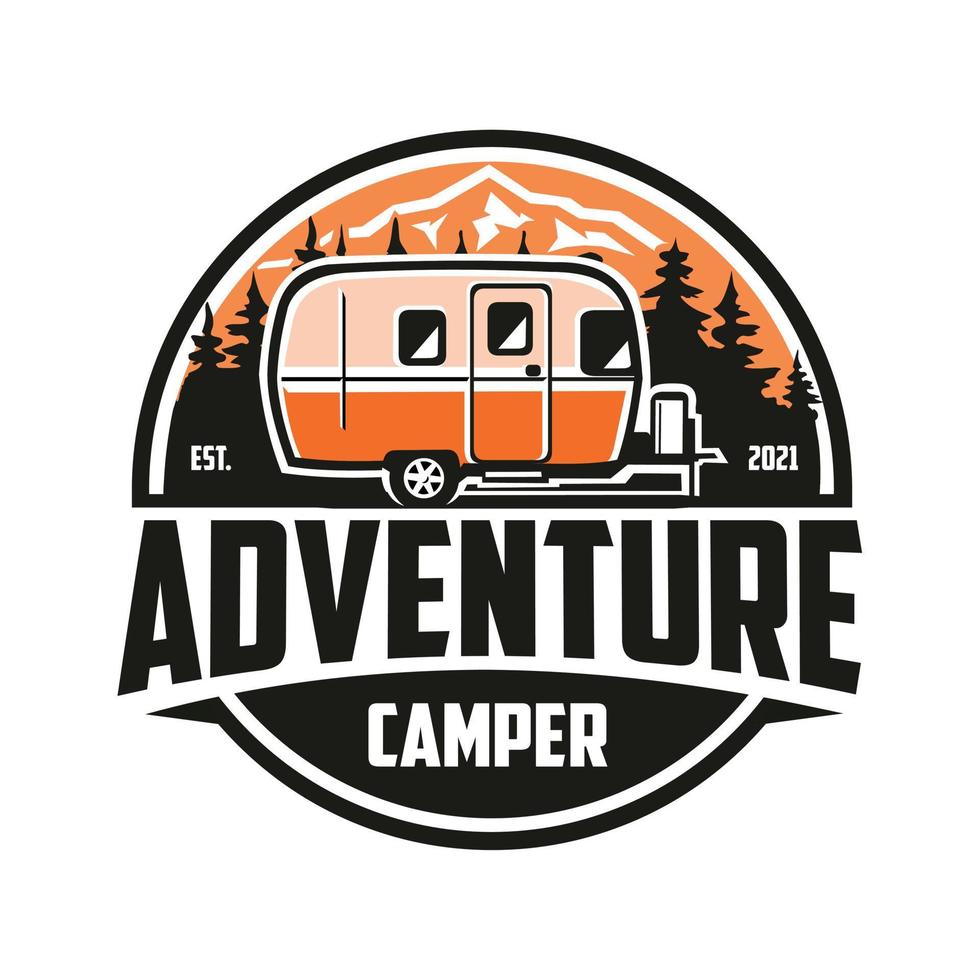 Adventure Camper Wohnmobil-Wohnwagen-Emblem-Logo. Kreis-Premium-Logo für Wohnmobile und alle damit verbundenen Outdoor-Aktivitäten vektor