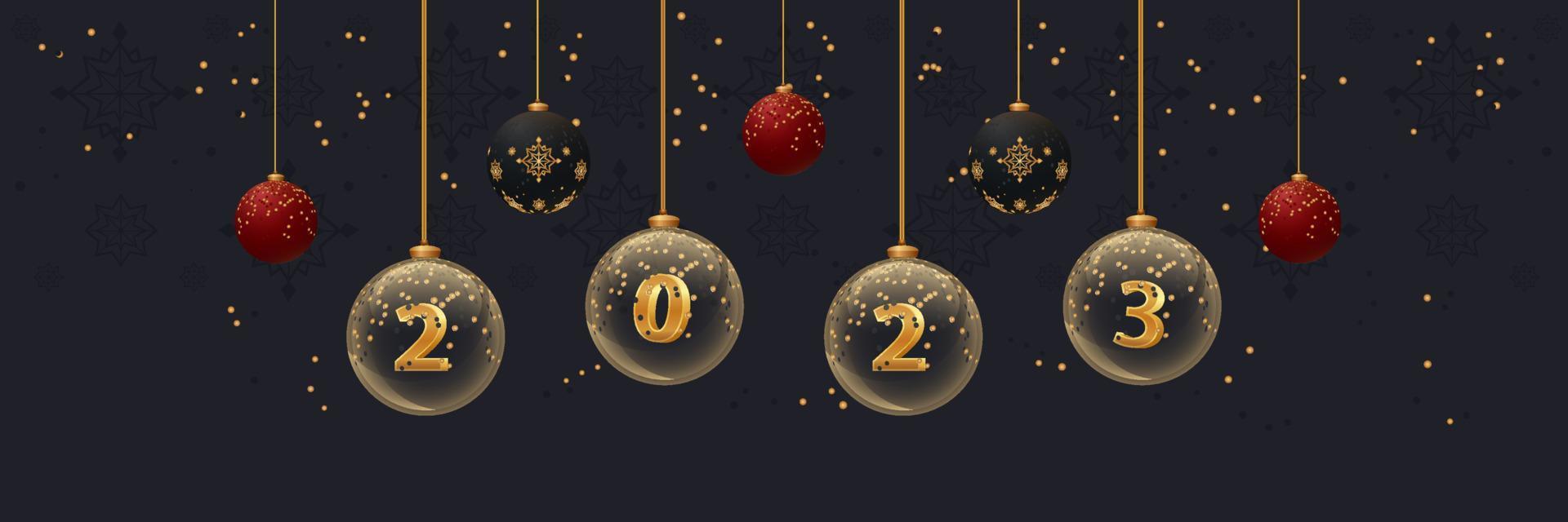 2023 Neujahrsbanner auf dunklem Hintergrund. Weihnachtsflyer mit Glaskugeln mit Zahlen und Glitzer. Grußkarten-Design-Vorlage vektor