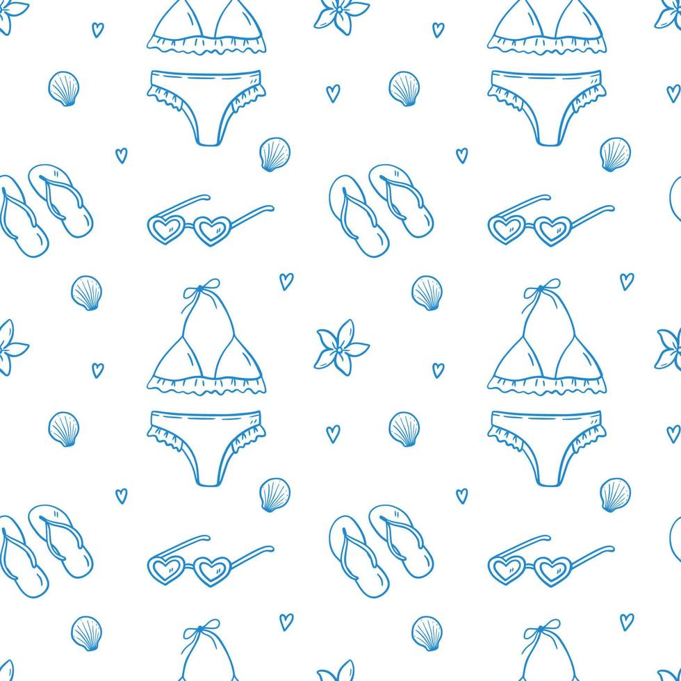 nahtloses muster mit sommerferienelementen - badeanzug, herzförmige sonnenbrille, flipflops, muscheln und tropische blumen. Vektor handgezeichneter Hintergrund im Doodle-Stil in blauen Farben.