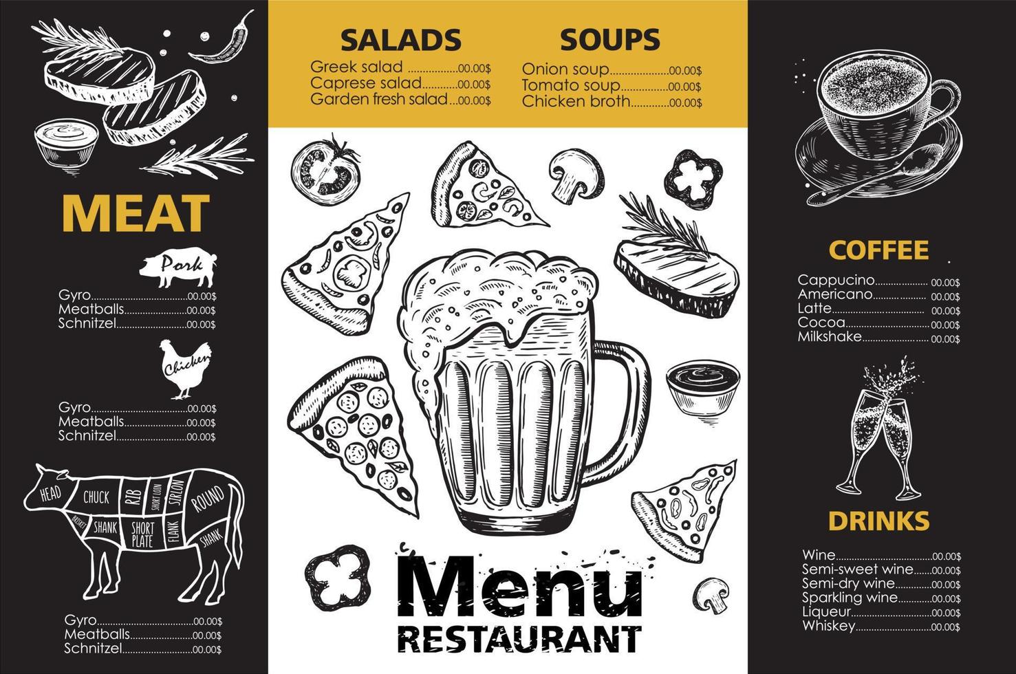 Menüvorlagendesign für Restaurant, Skizzenillustration. Vektor. vektor