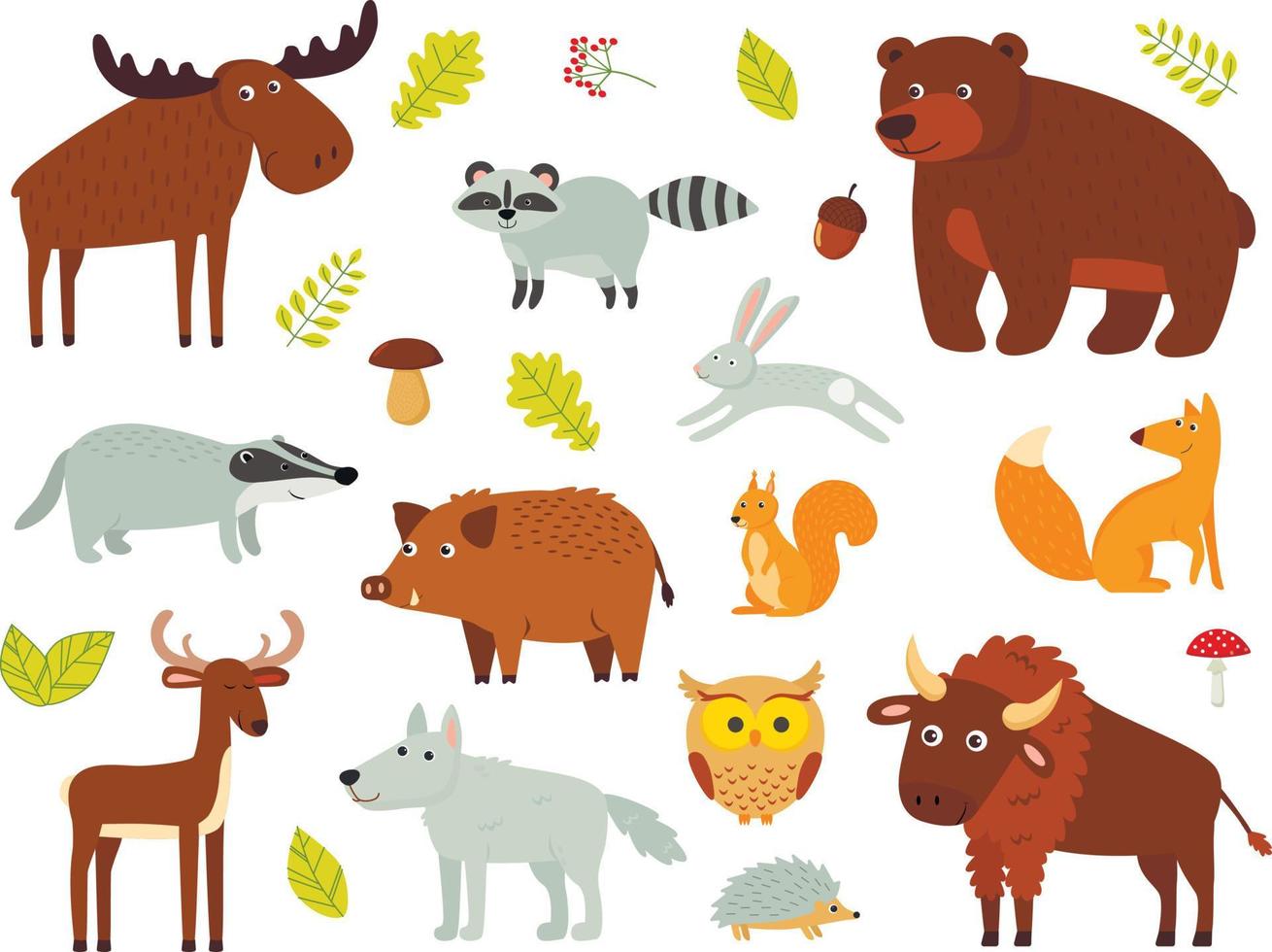 färg vektor uppsättning skogsdjur isolerade bakgrund. en mossa, en björn, ett rådjur, en bison, en grävling, en räv, en igelkott, en uggla, en kanin, en tvättbjörn, en varg.