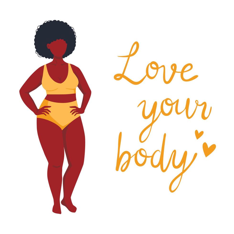 körperpositives plakat mit trendigem handgezeichnetem schriftzug love your body. weibliche Charaktere. Feminismus Zitat vektor