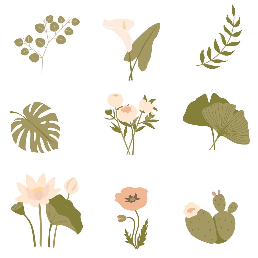 uppsättning av olika blad och blommor. minimalistisk stil. vektor stock illustration.