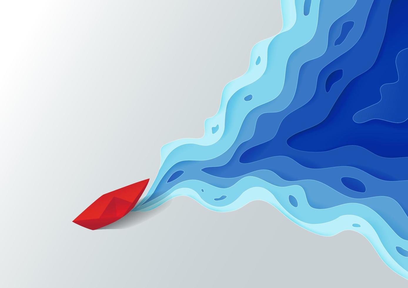 origami röd pappersbåt på blått vatten polygonal trendig hantverksstil, papperskonstdesignbakgrund vektor