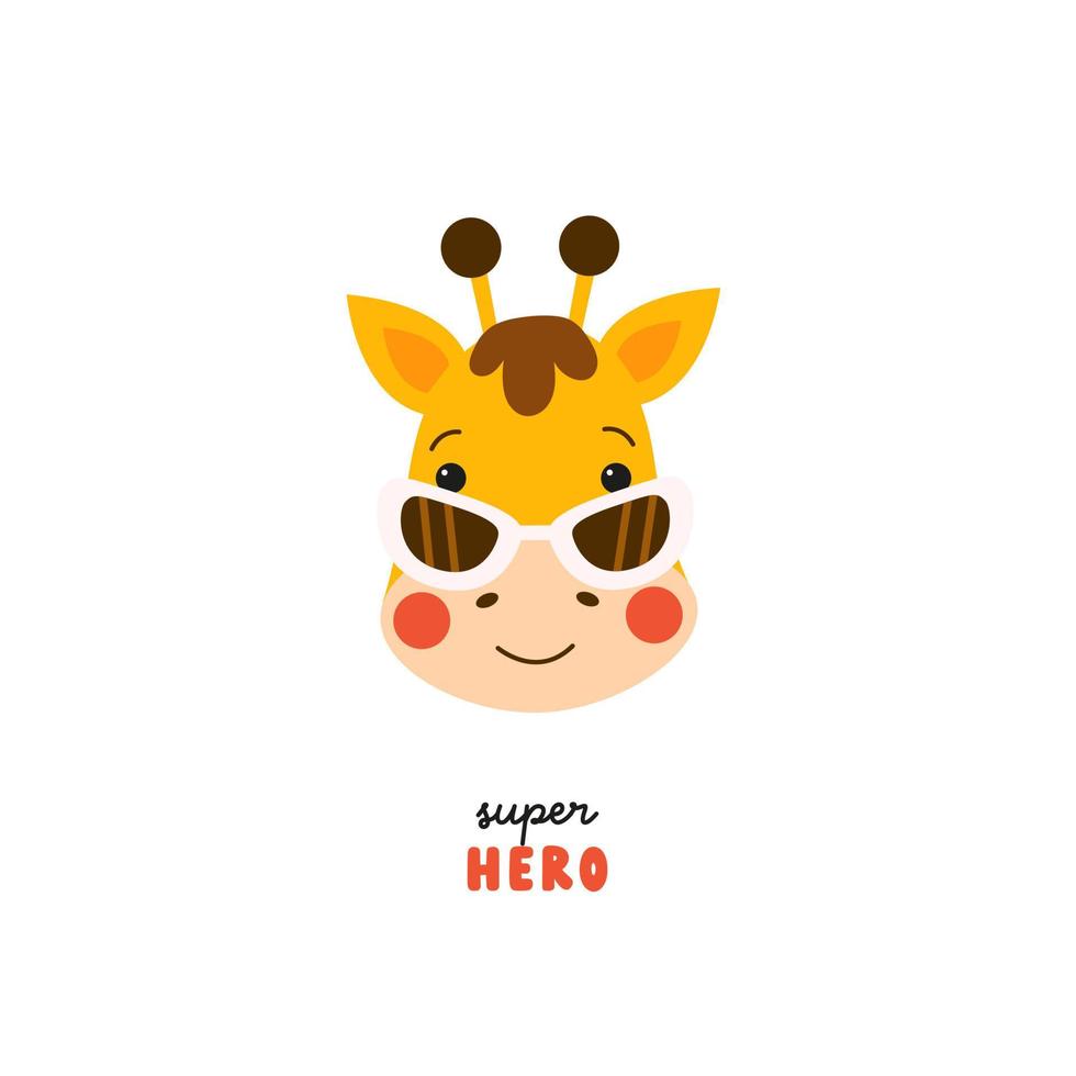 lustige kindergeburtstagskarte mit niedlicher lächelnder giraffe in sonnenbrille und superheldentext. kawaii vektorillustration gezeichnet im flachen stil für kindertextilien, aufkleber, druck auf jeder oberfläche vektor