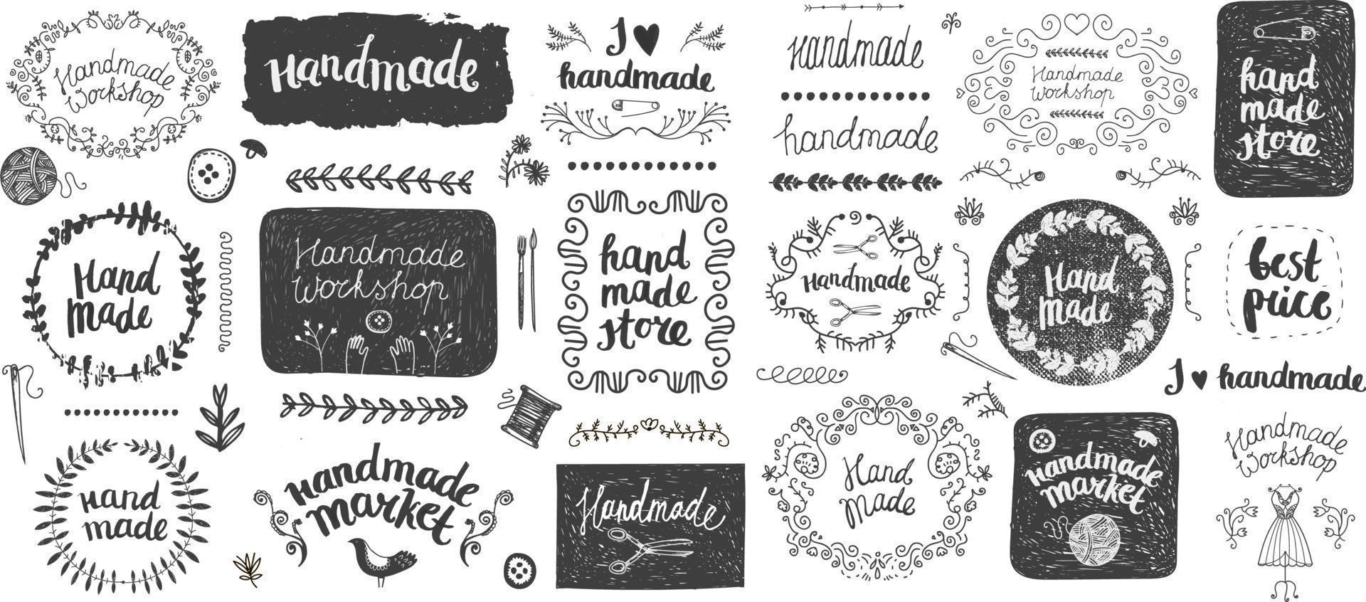 vektor uppsättning handritade doodle ramar, märken. handgjorda, verkstad, handgjorda butik grafisk design set. konst och hantverk, sömnad element, ikoner, logotyper, märken som isolerade, bokstäver