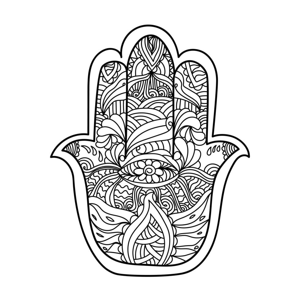 hamsa hand, symbolisk amulett, kontur illustration med utsmyckade mönster vektor