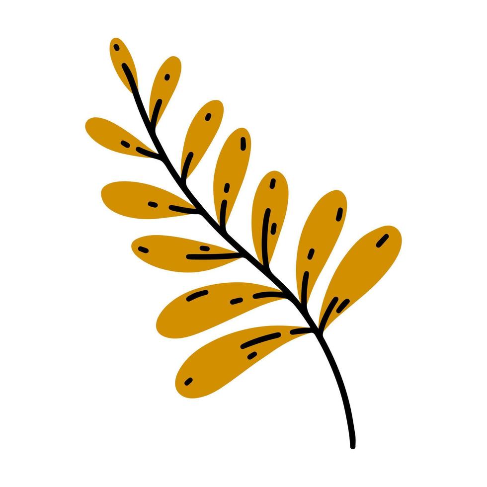bunte Herbstblätter auf einem Zweigvektorsymbol. handgezeichnete skizze einer gartenpflanze. leuchtend gelber Zweig, flaches Cartoon-Doodle. saisonale clipart isoliert auf weiß. Herbst botanische Illustration vektor