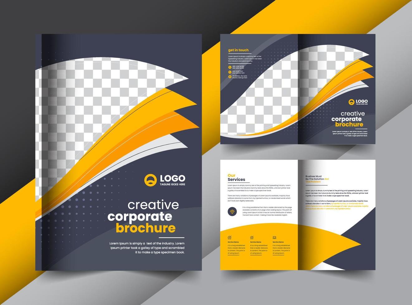 gula företagsföretag business bifold broschyr och omslag layout konceptdesign med kreativa former vektor