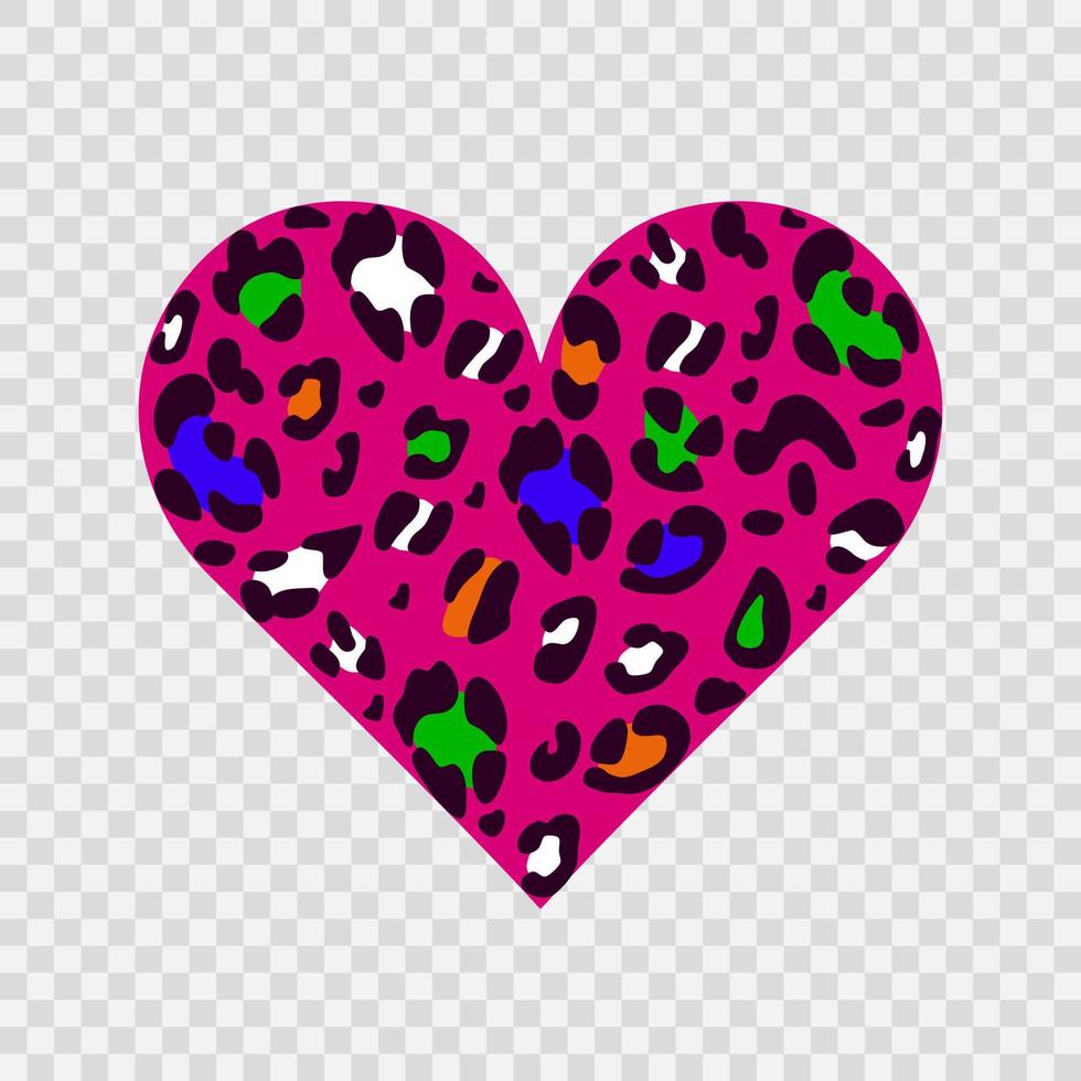 ljusa flerfärgade leopardhjärta. animalistiskt tryck. en symbol för kärlek. vektor handritade illustration.