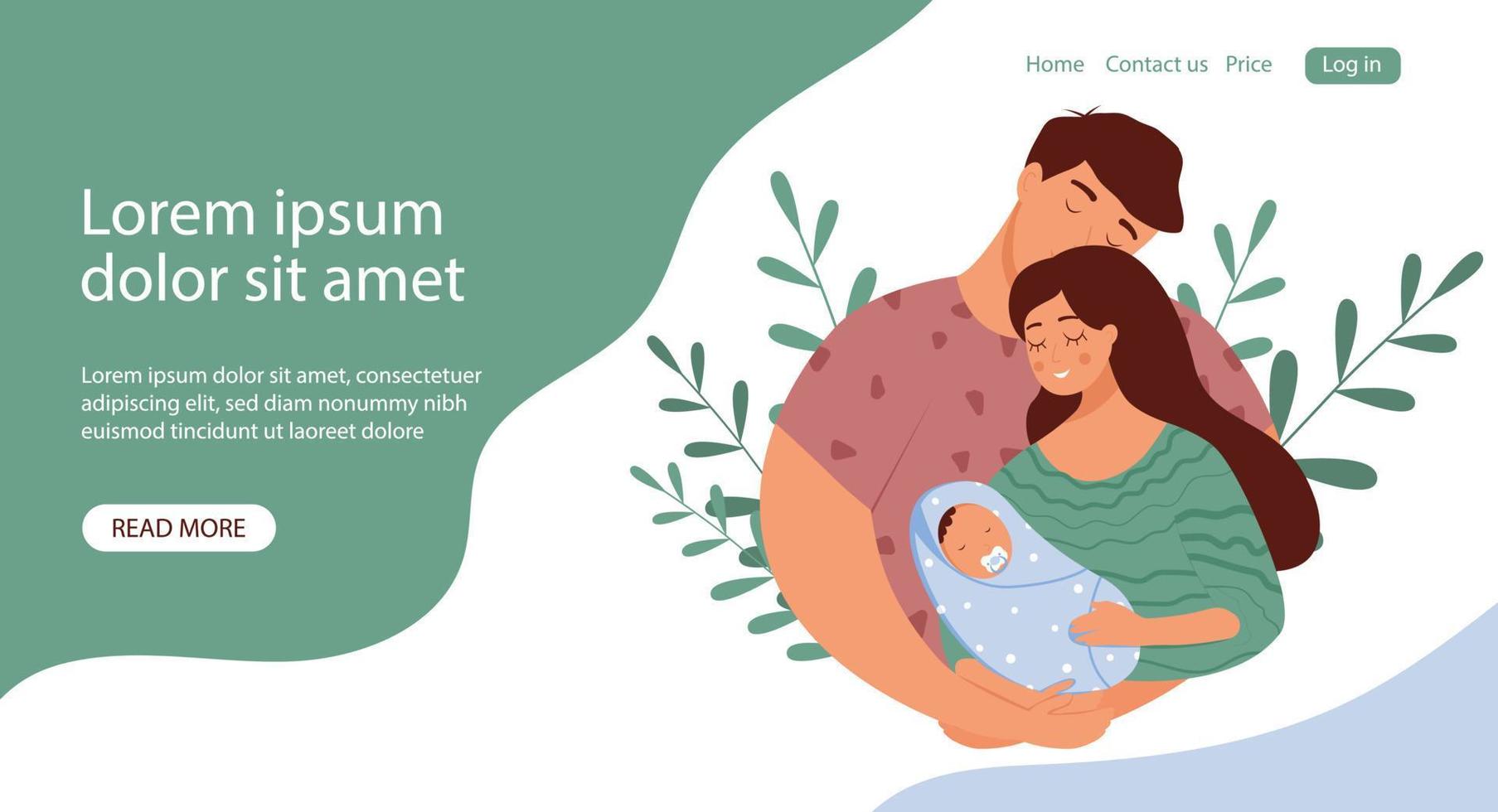 en familj med en nyfödd bebis i blöja med napp. vektor banner