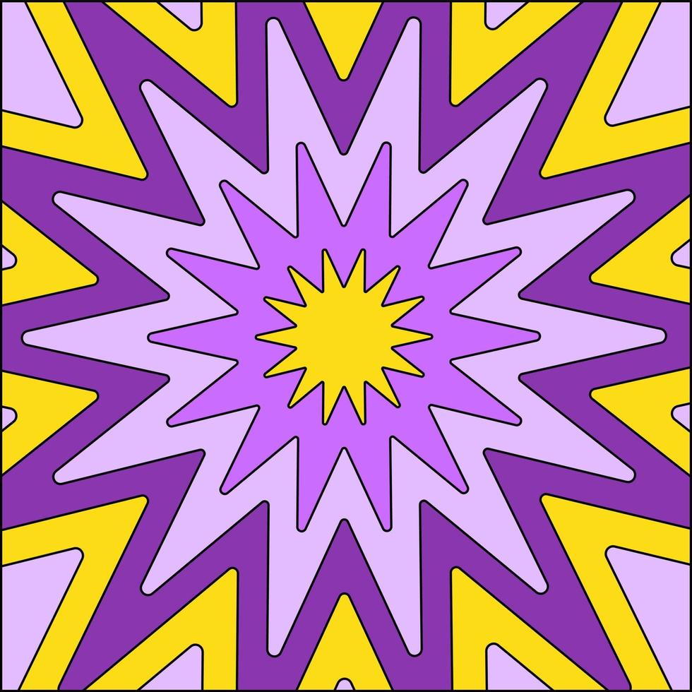 bunter quadratischer Retro-Hintergrund in gelben lila Farben. abstrakter psychedelischer Vektorhintergrund. Sternentunnel im Stil der 60er, 70er Jahre vektor