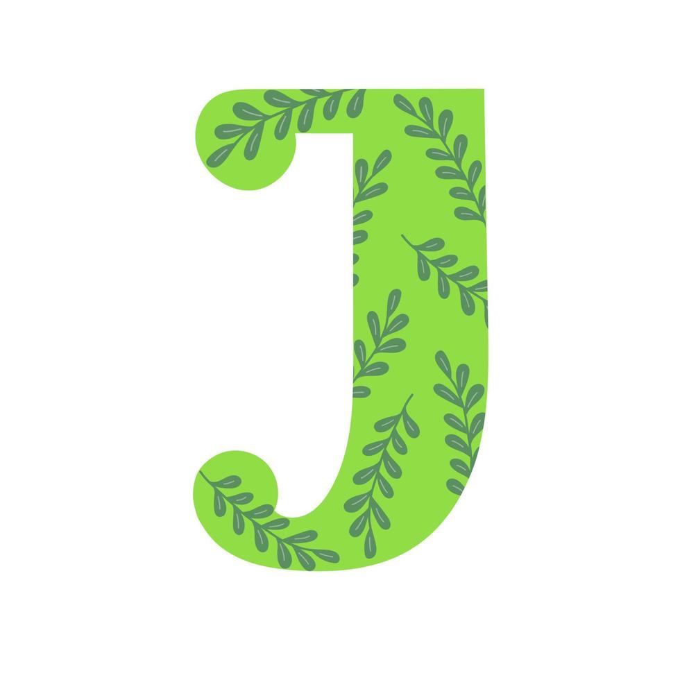 huvudstad ljusgrön dekorerad med vårblommor handritad bokstav j i det engelska alfabetet enkel tecknad stil vektorillustration, kalligrafisk abc, söt rolig handstil, doodle och bokstäver vektor
