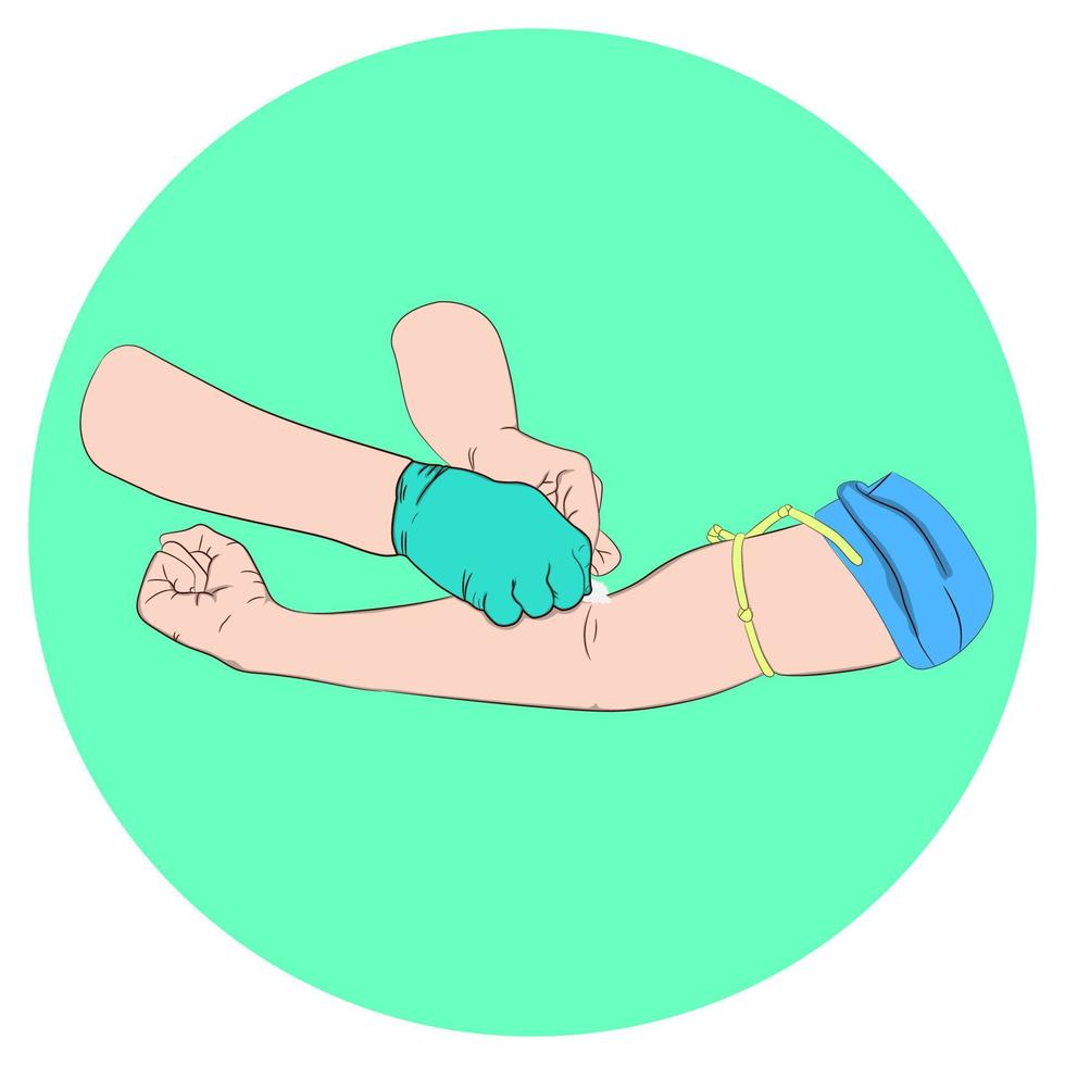 Vektorillustrationsbild ein Arzt, der Wattestäbchen verwendet, um die Arme zu reinigen, bevor eine Nadel Blut von einem Ermittler abnimmt, um den Körper zu untersuchen vektor