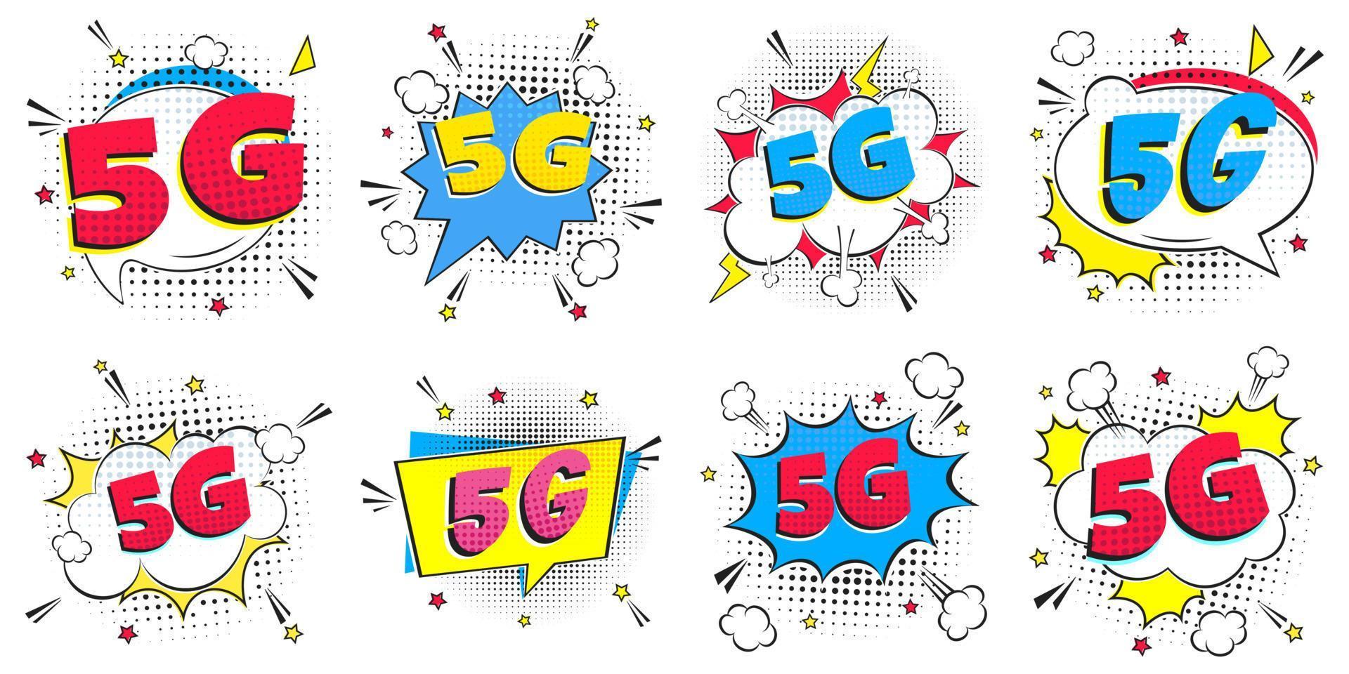 5g neue drahtlose Internet-Wifi-Verbindung Comic-Stil Sprechblase Ausrufetext 5g Flay-Stil-Design-Vektor-Illustration isoliert auf weißem Hintergrund-Set. neues mobiles Internet-Schild-Symbol. vektor