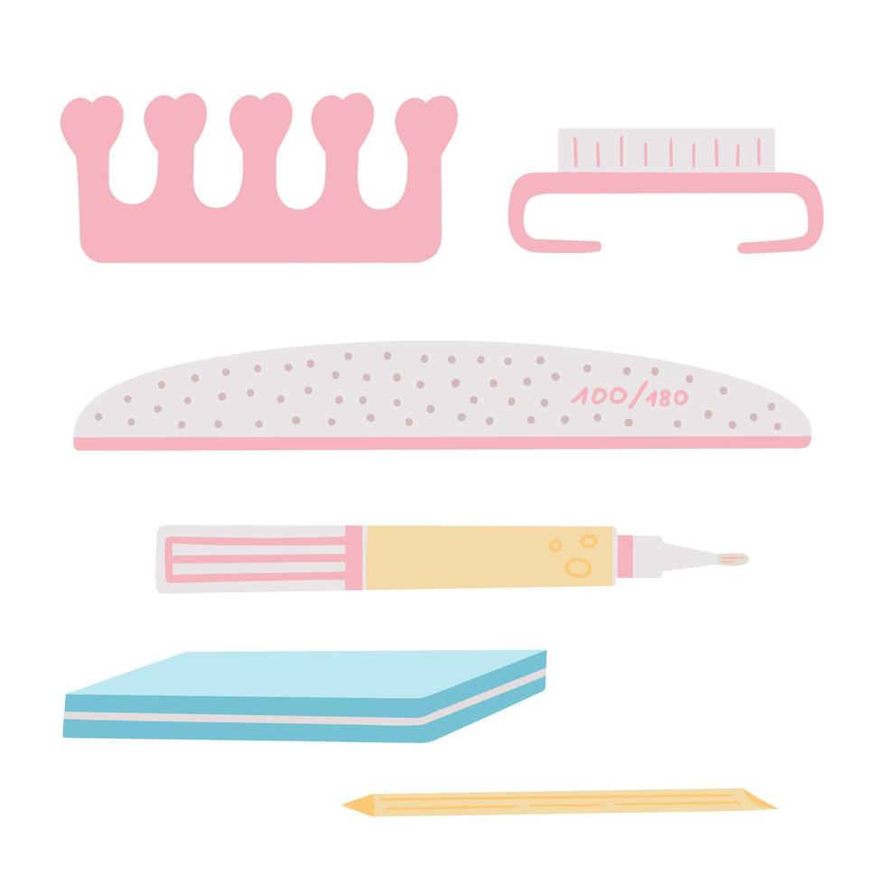 manikyrtillbehör och verktyg. buffert för naglar, orange pinne, nagelfil, borste och fingeravskiljare. illustration för utskrift, bakgrunder, förpackningar och affischer. isolerad på vit bakgrund. vektor
