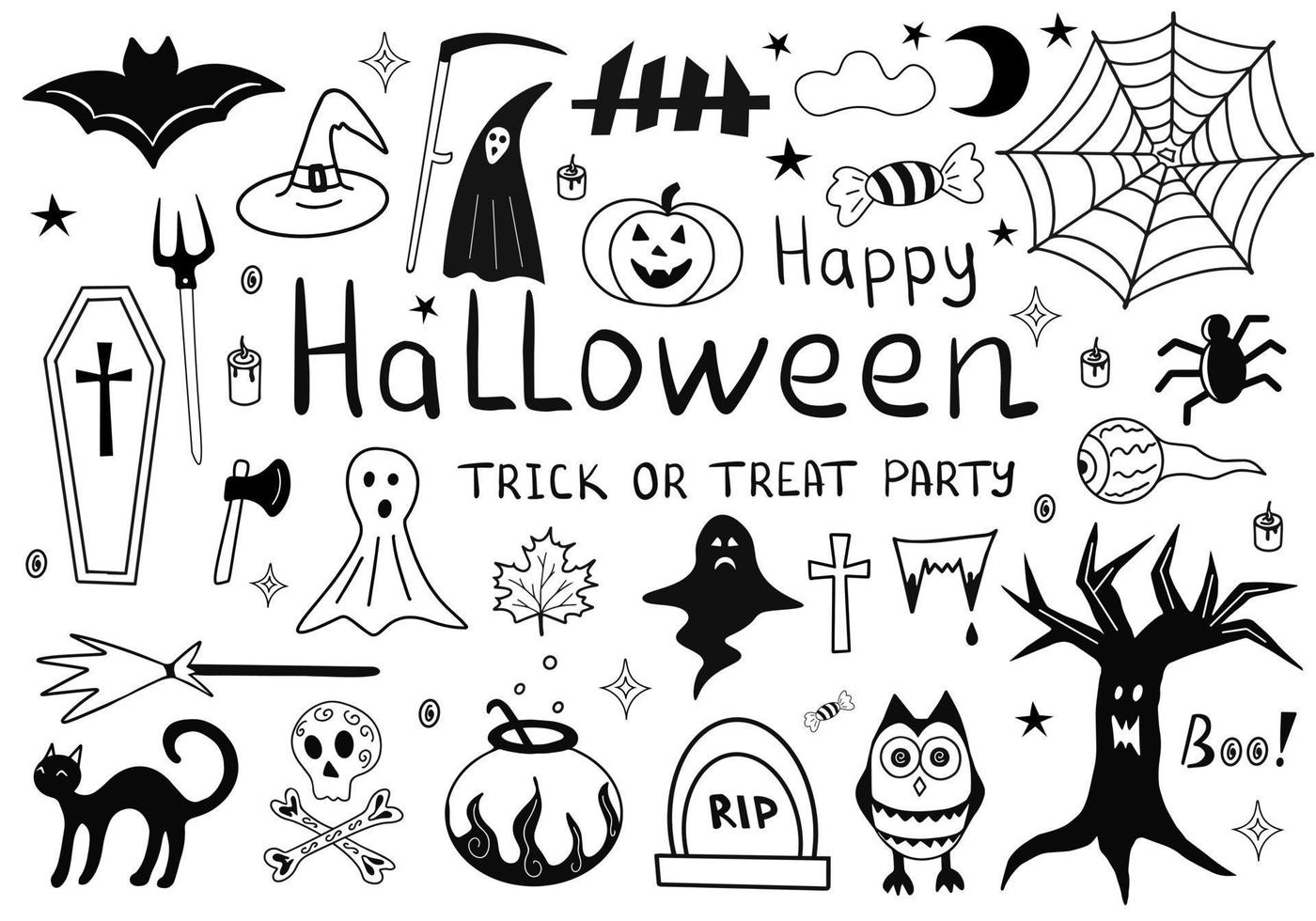 Halloween-Set auf weißem Hintergrund. Doodle Illustration Handzeichnung für Aufkleber, Karten, Abziehbilder und saisonales Design. vektor